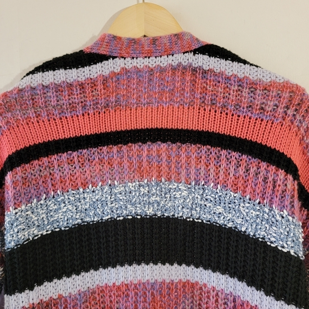 Women's Multicolored Striped Open Front Duster Cardigan L Boho Minimalist Pocket - Picture 8 of 11